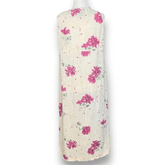 Vintage 90s Maxi Dress Cream Linen Purple Floral Script Print Sleeveless Lace - Picture 7 of 14